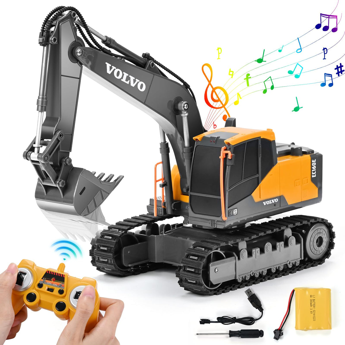 DOUBLE E Volvo RC Excavator diecast body for long-lasting sandbox play.