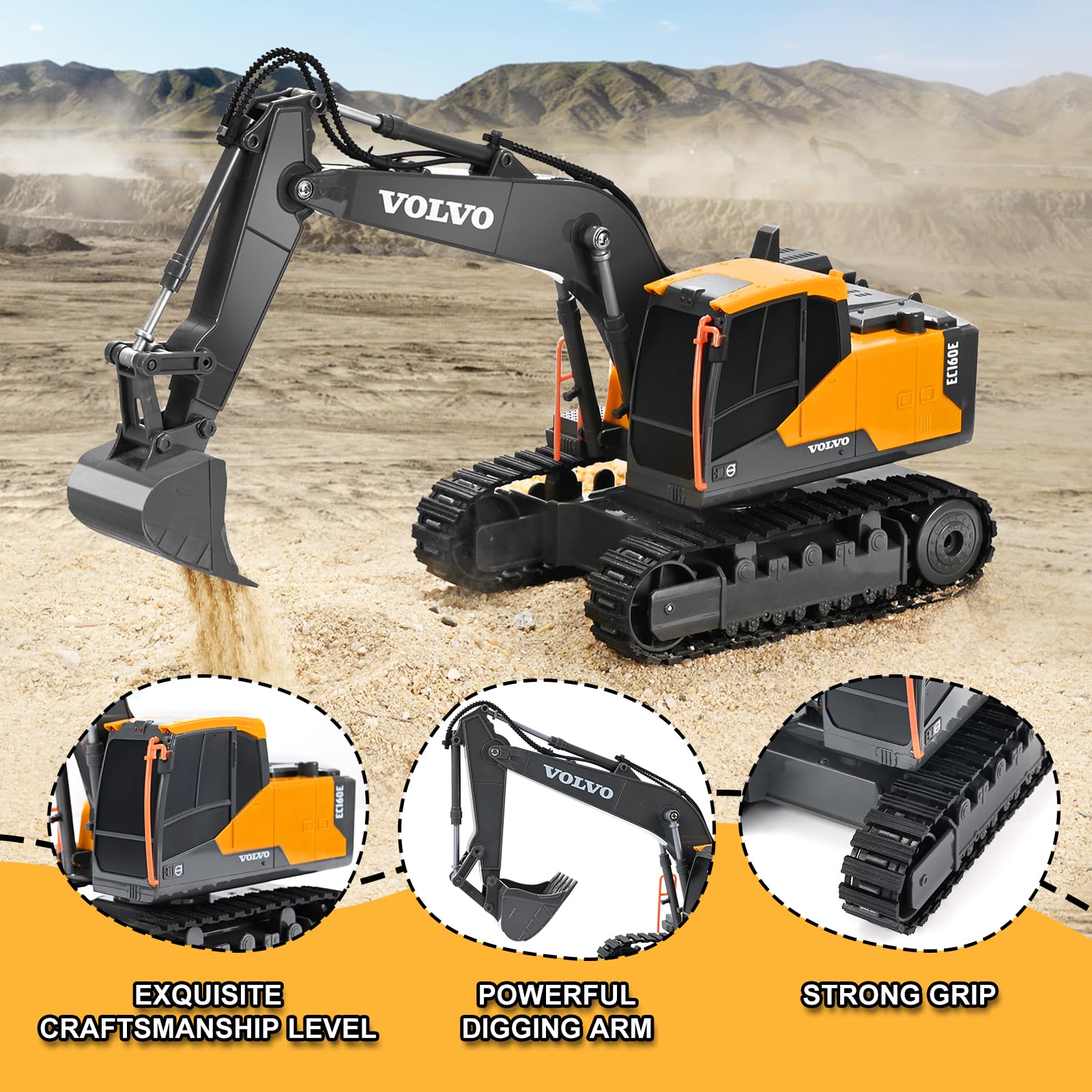 DOUBLE E Volvo RC Excavator digging arm in action fuels imaginative construction play.
