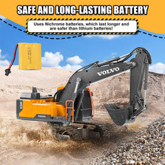 DOUBLE E Volvo RC Excavator removable tracks enable easy maintenance and rugged outdoor play.
