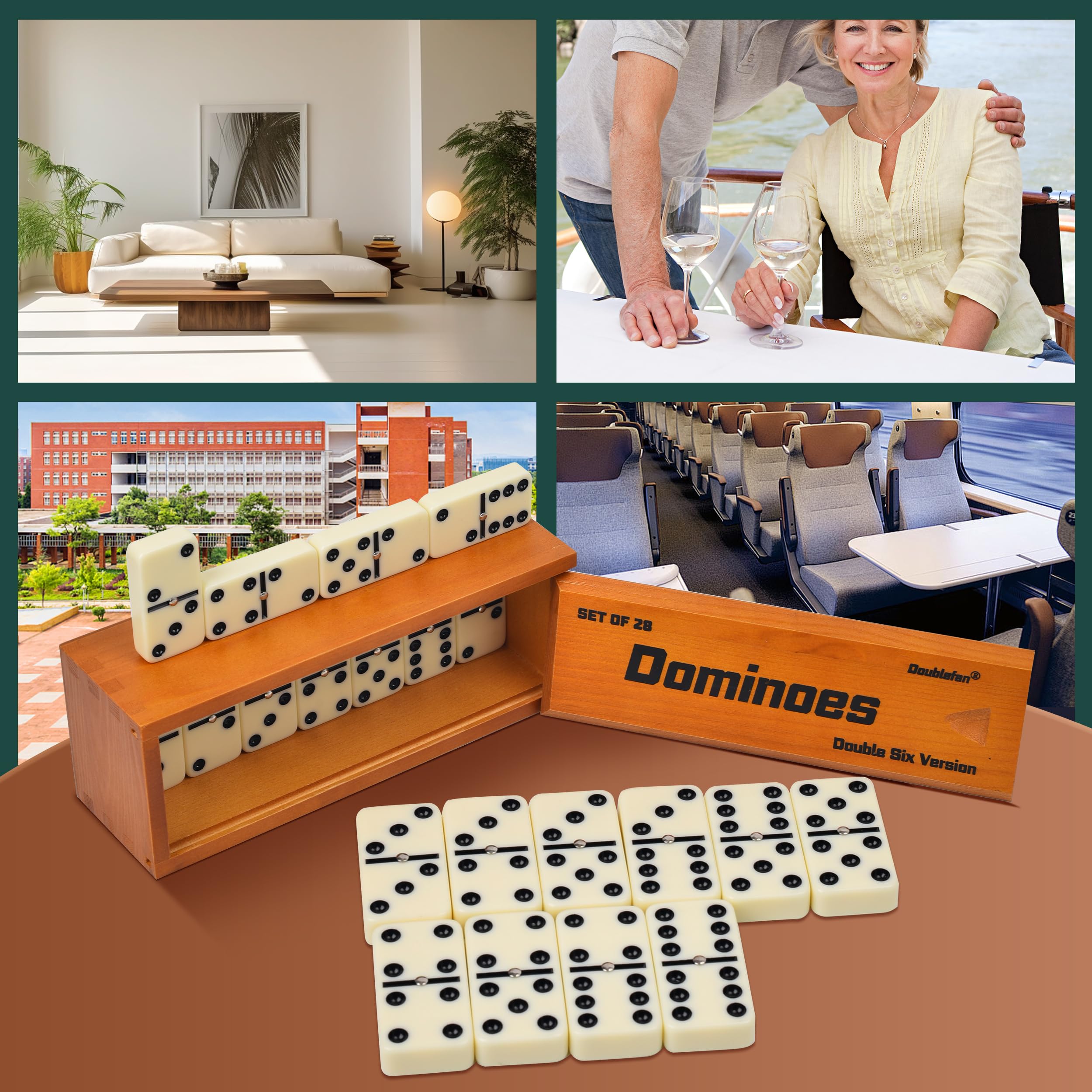 Doublefan dominoes close-up of ivory tiles with classic double six design
