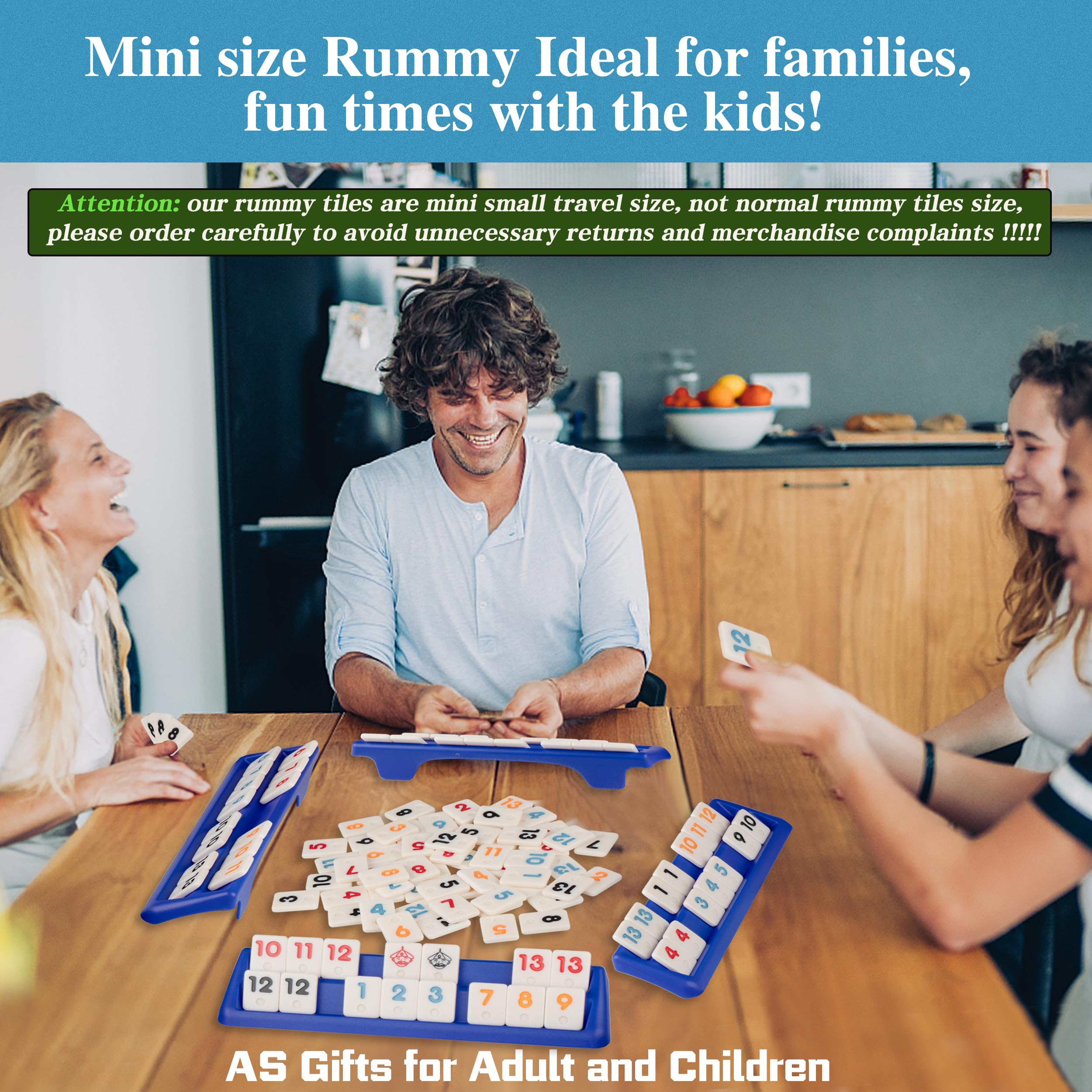 Four players gathered around the Doublefan Mini Rummy Cube Set for family play