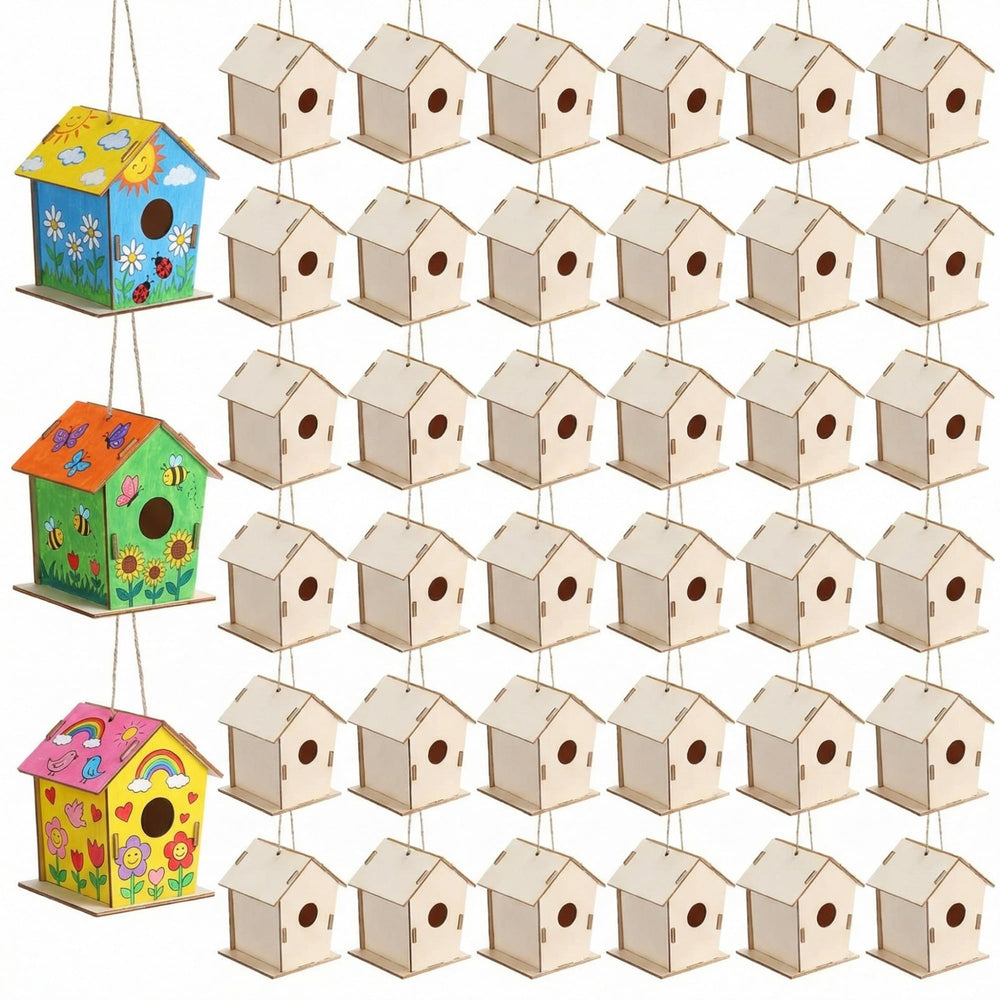 DoubleFill 48-pack wooden bird houses ready for painting and classroom crafts.