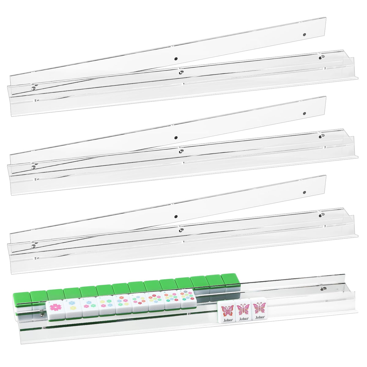 DoubleFill mahjong tile rack with flat edge pusher for a four-person game