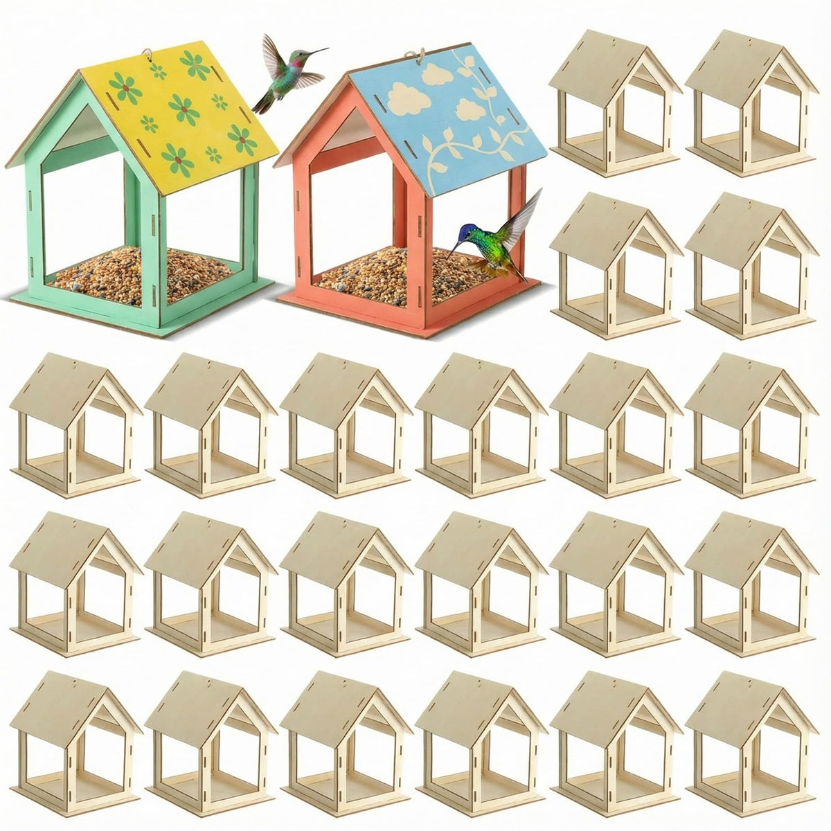 DoubleFill wooden bird feeder kit assembly for kid-friendly crafts.