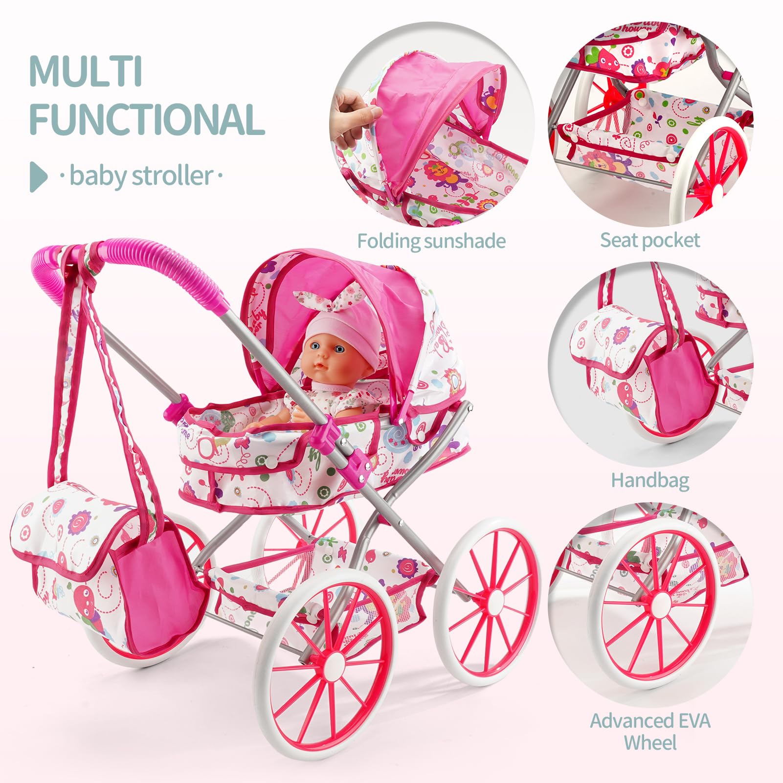 Doublekai stroller set dining chair accessory in pink, encouraging mealtime role-play and sit-down storytelling.