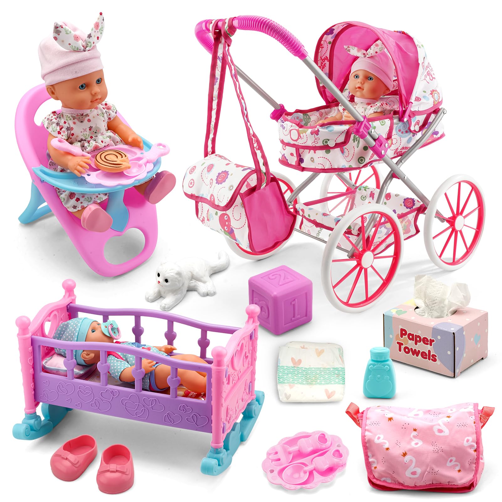 Doublekai Baby Doll Stroller Set front view, perfect for nurturing role-play and imaginative trips.