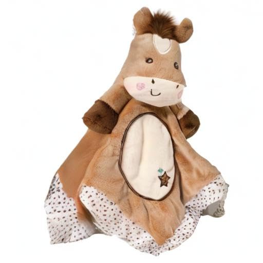 Douglas Baby Star Pony Snuggler satin border close-up, textured features soothe baby and invite exploration.