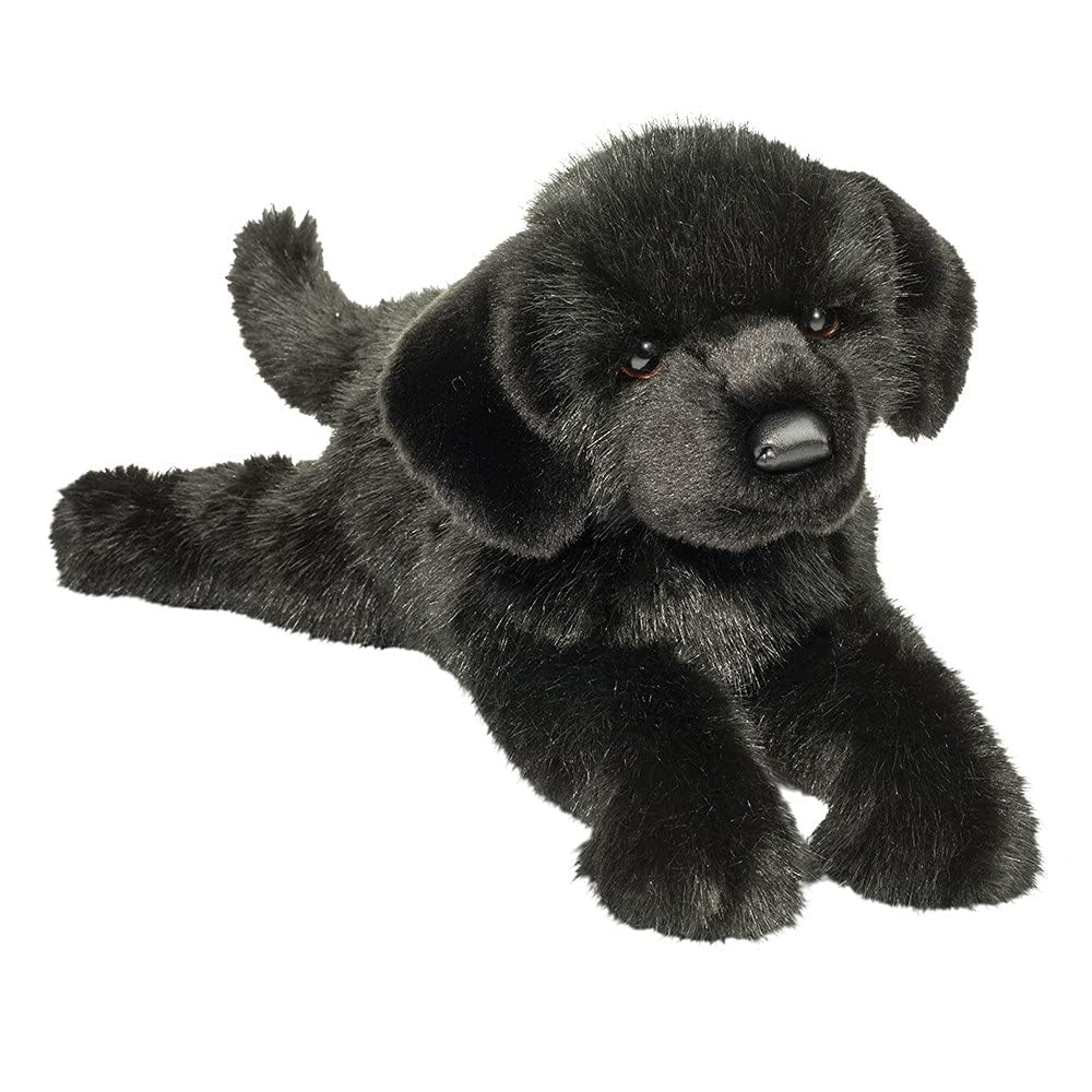 Douglas Jake Black Lab plush with coal-black faux fur, ideal for comforting hugs and imaginative play.
