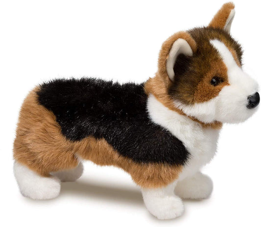 Douglas Kirby tri-color Corgi plush side profile, durable toy for play.