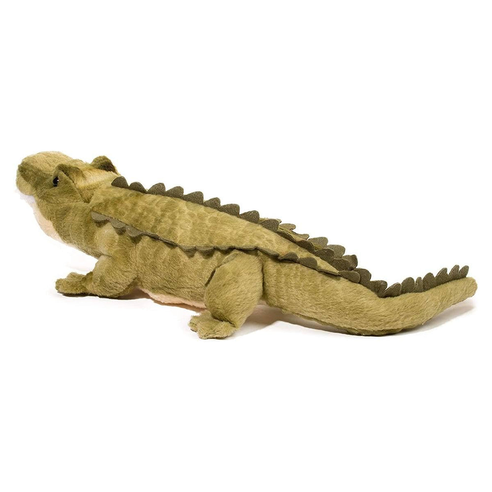 Soft green plush with scaly pattern on Douglas alligator for tactile play.