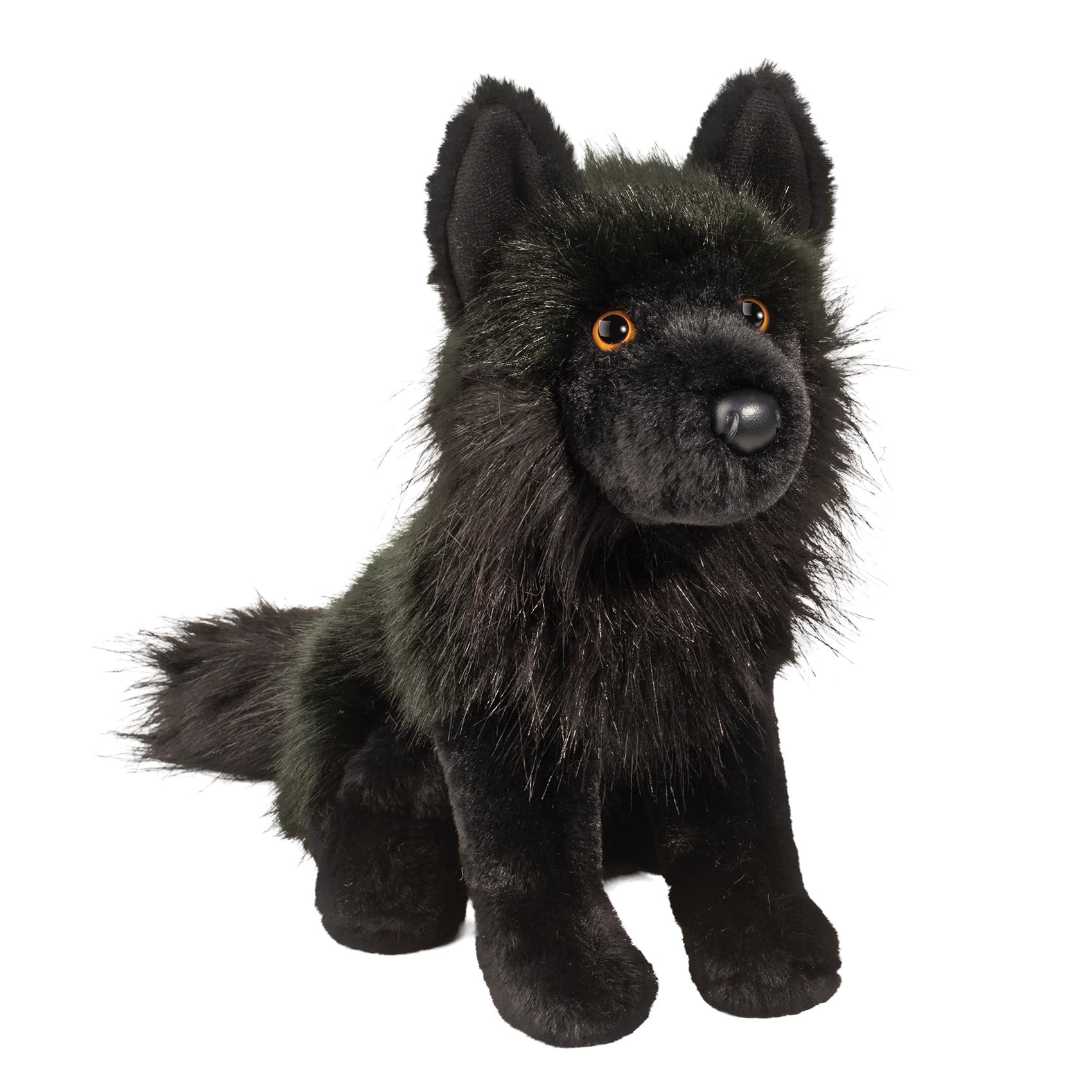 Douglas Vilkas Black Wolf plush, upright seated pose with golden eyes, ideal for cuddles and decor.