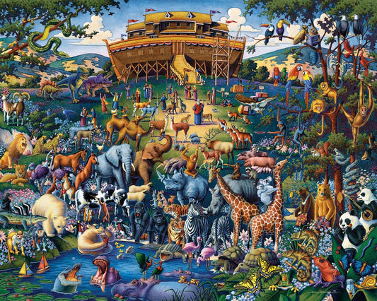 Assembled Dowdle Noah's Ark puzzle reveals colorful ark scene for family fun.