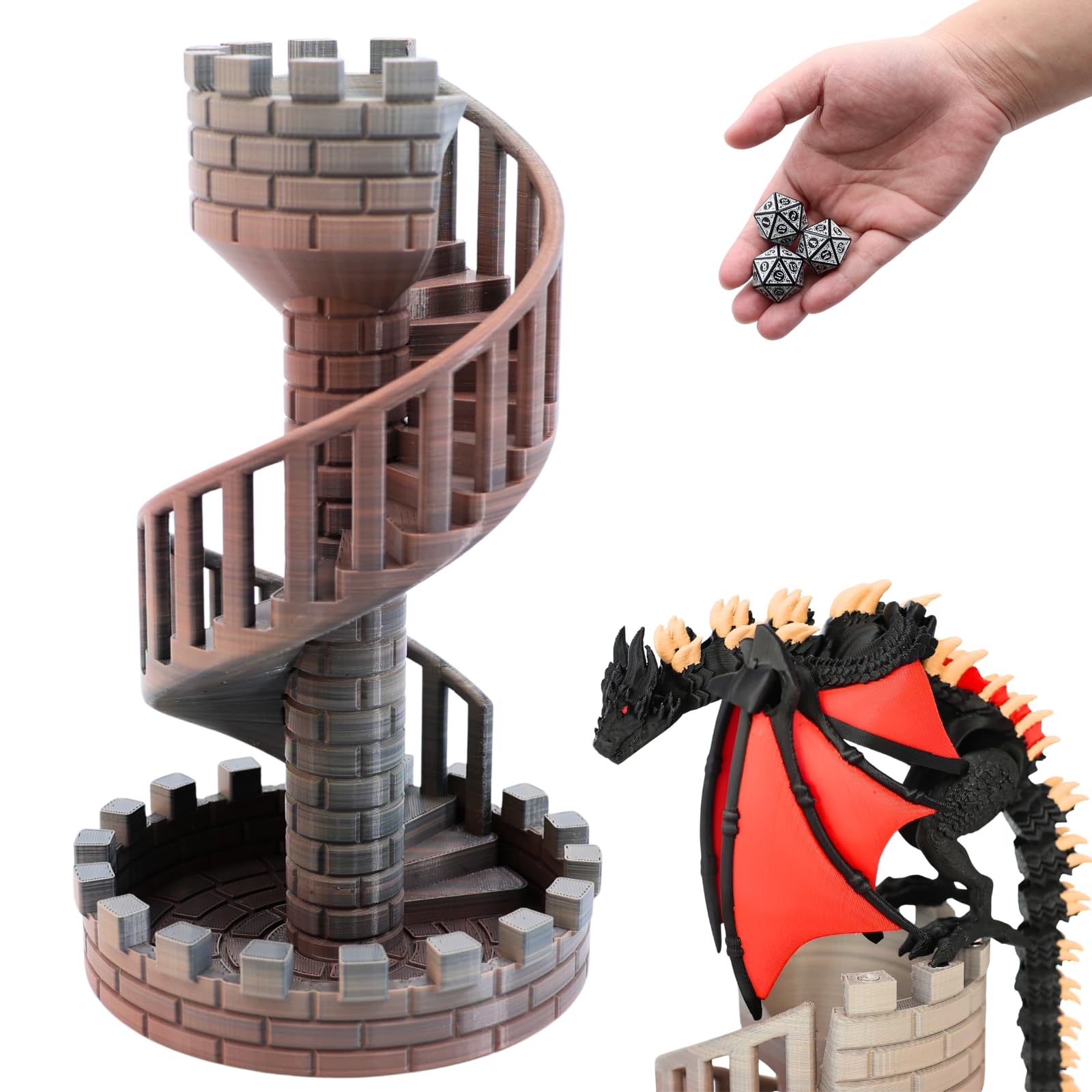 Dpcirk Wyvern Castle Dice Tower front view with dragon guarding treasure for immersive RPG nights.