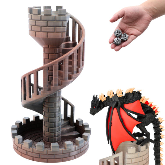 Dpcirk Wyvern Castle Dice Tower front view with dragon guarding treasure for immersive RPG nights.