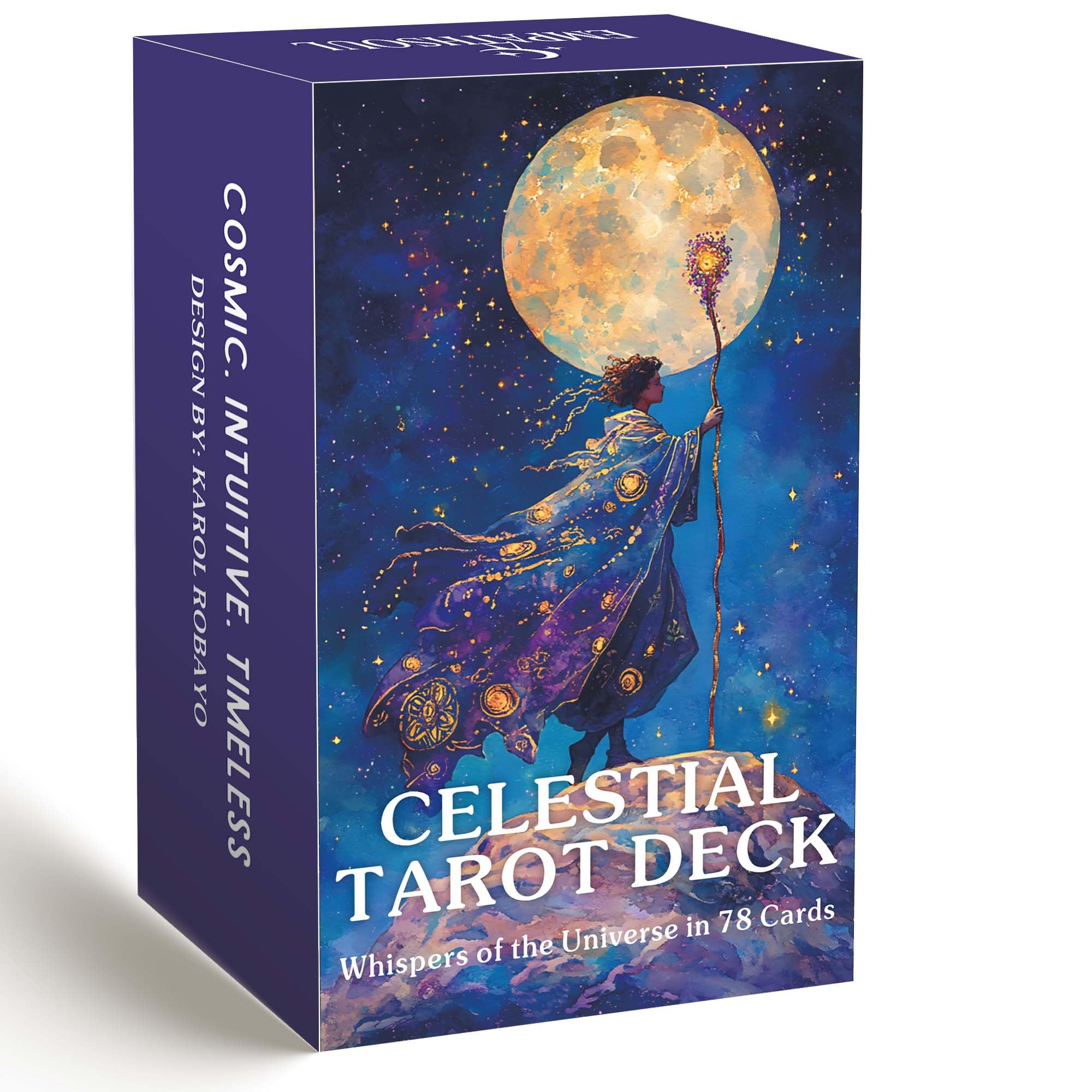 DPEHAKMK Celestial Tarot Deck box glows with cosmic art, inspiring ritual prep