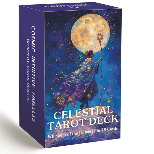 DPEHAKMK Celestial Tarot Deck box glows with cosmic art, inspiring ritual prep