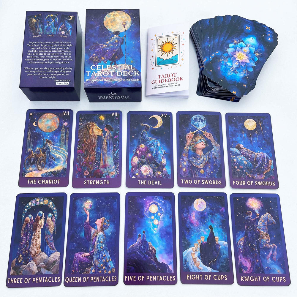 DPEHAKMK Celestial Tarot spread shows cards in a luminous ritual layout