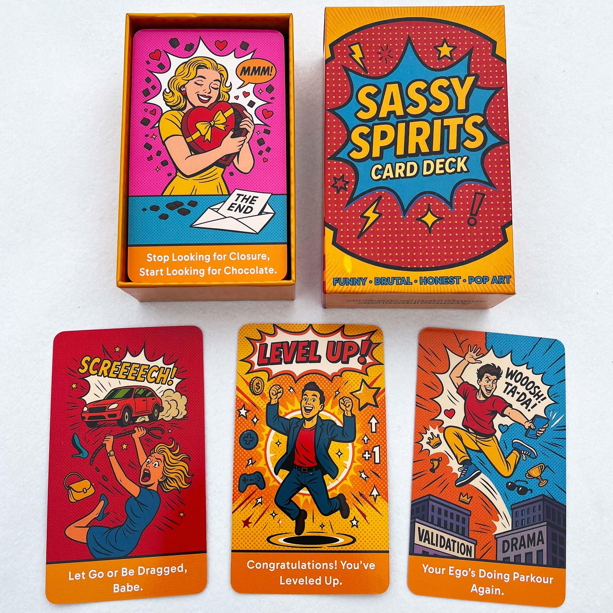 DPEHAKMK Sassy Spirits deck cover featuring bold pop-art for real-talk readings.