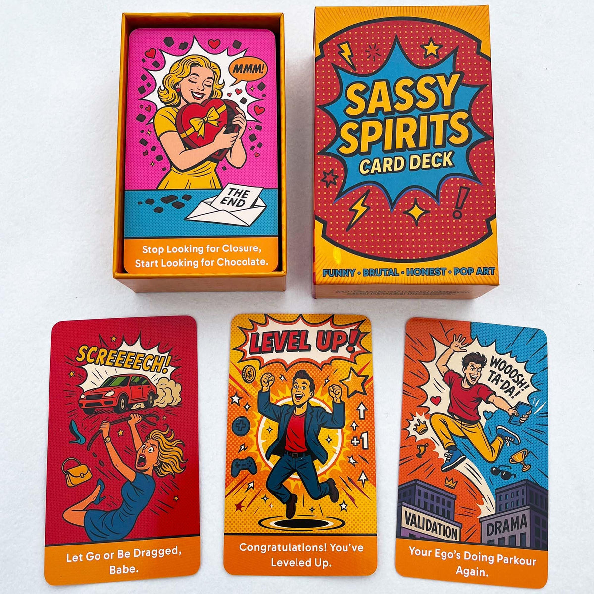DPEHAKMK Sassy Spirits deck cover featuring bold pop-art for real-talk readings.
