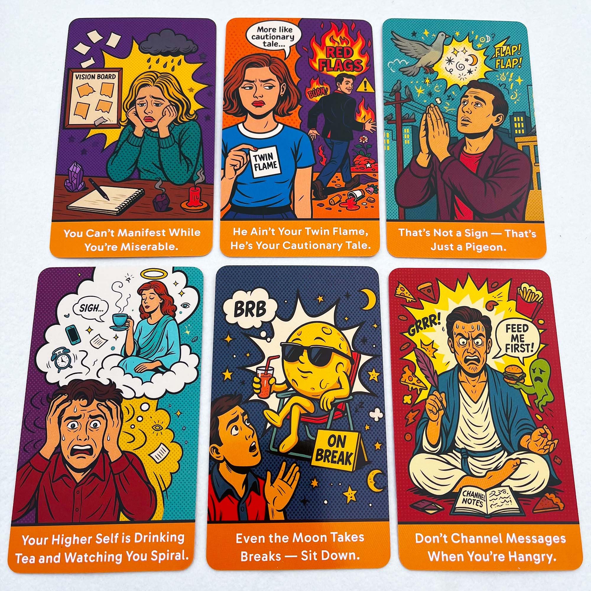 Retro textures and comic-style art on each card surface.