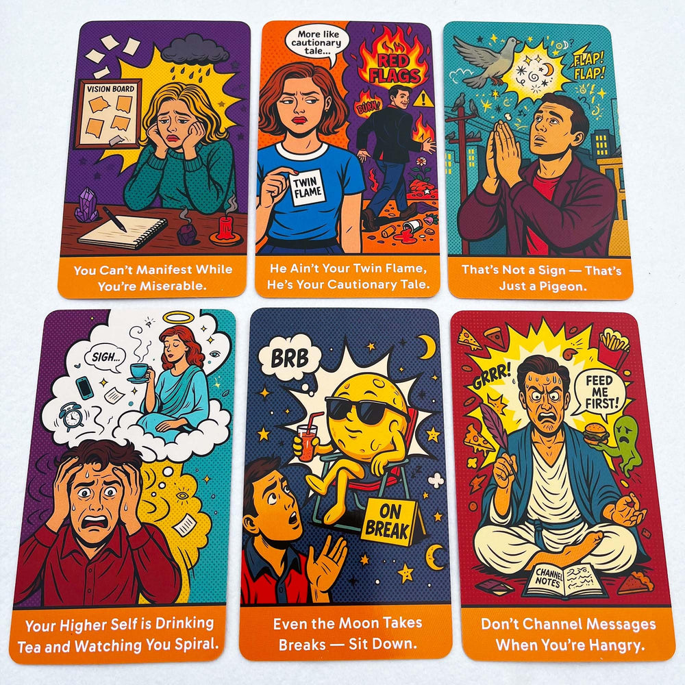 Retro textures and comic-style art on each card surface.