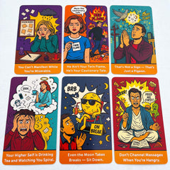 Retro textures and comic-style art on each card surface.