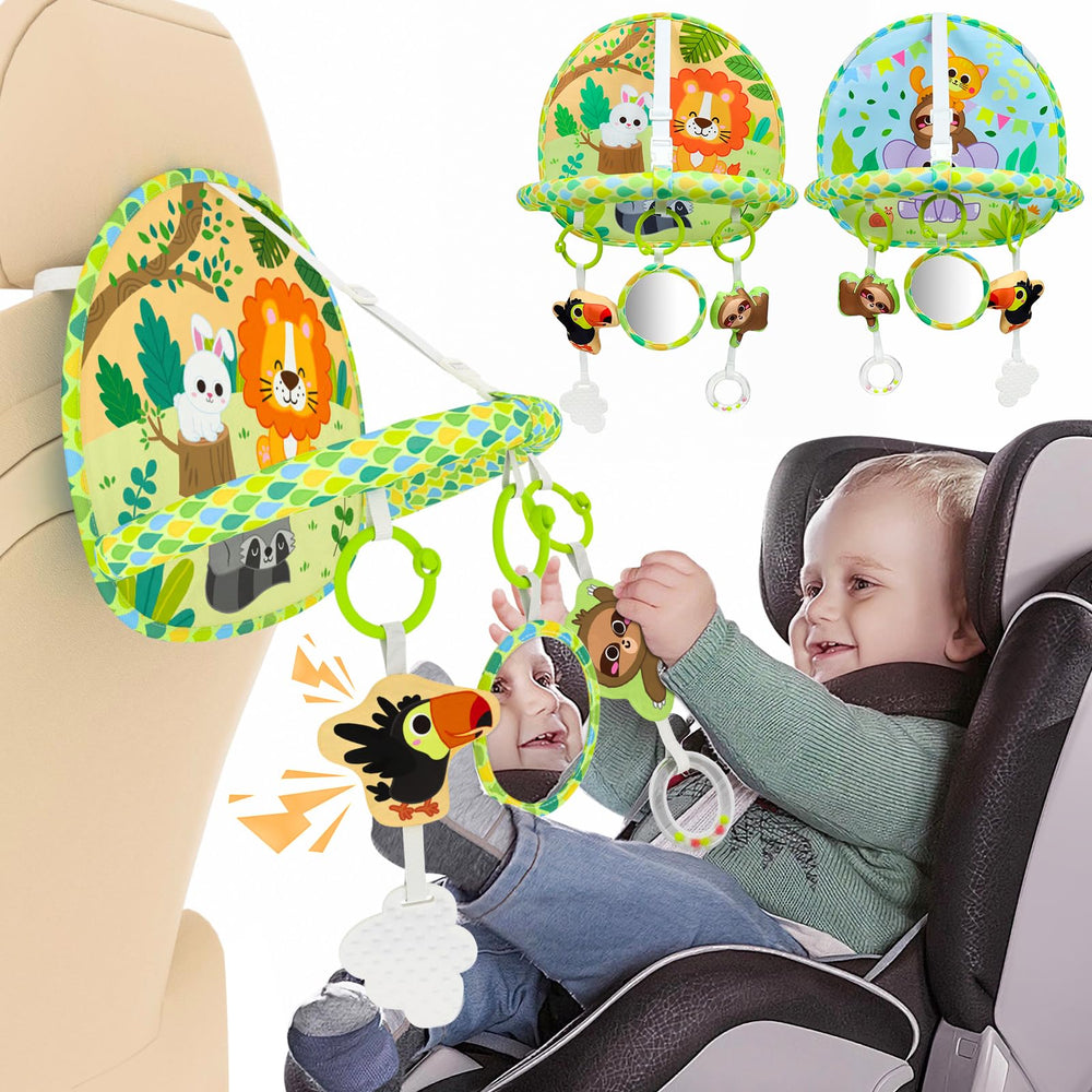 Dr.Rapeti Baby Car Seat Toy front view with squeaky toy for engaging travels