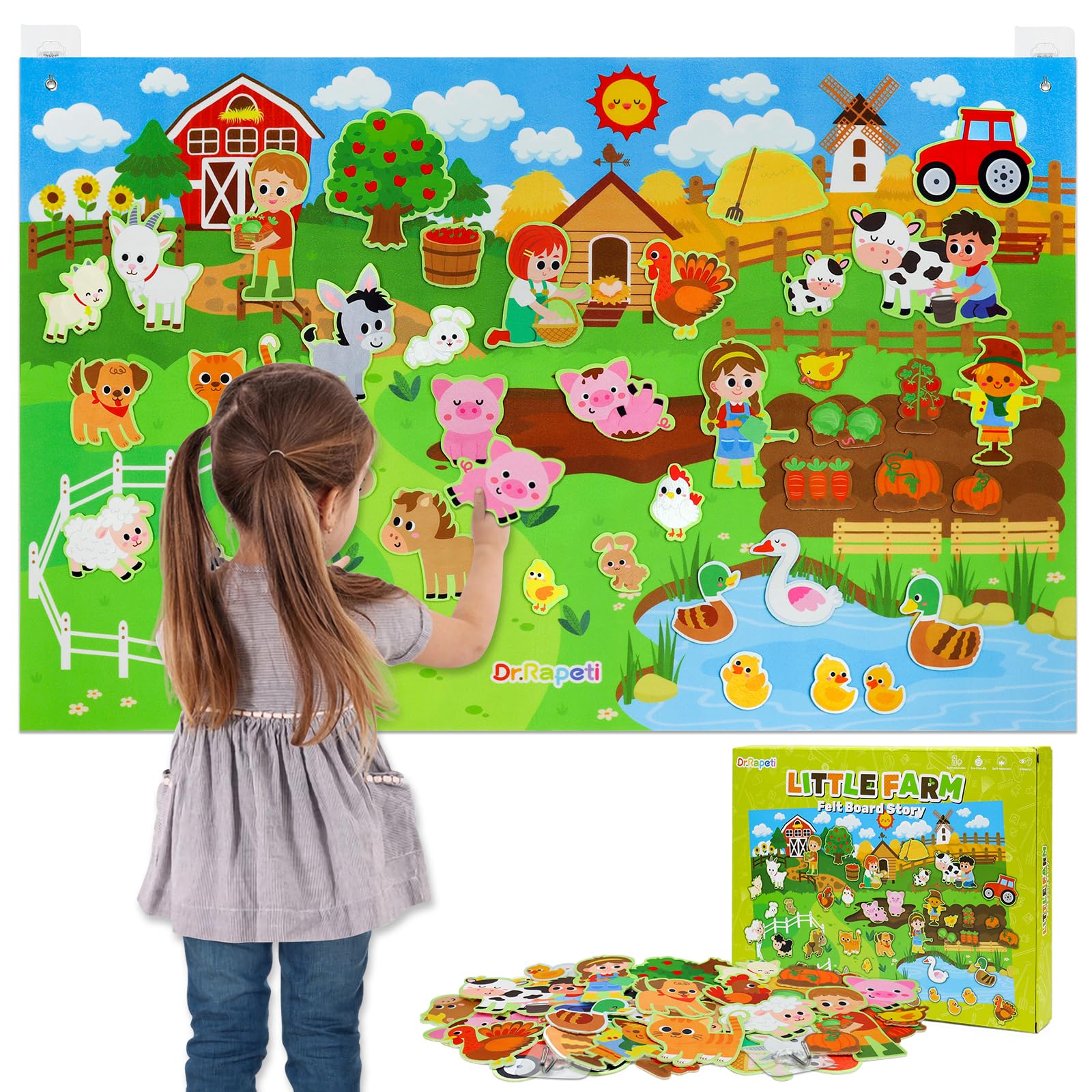 Dr.Rapeti Farm Animals felt board presents a giant scene for imaginative storytelling.