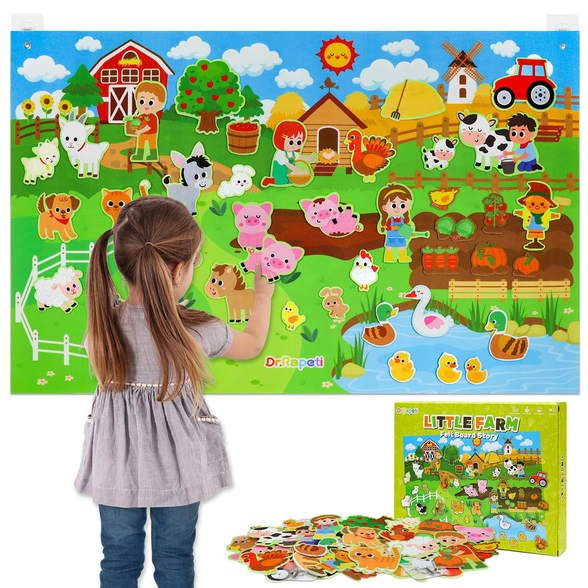 Dr.Rapeti Farm Animals felt board presents a giant scene for imaginative storytelling.