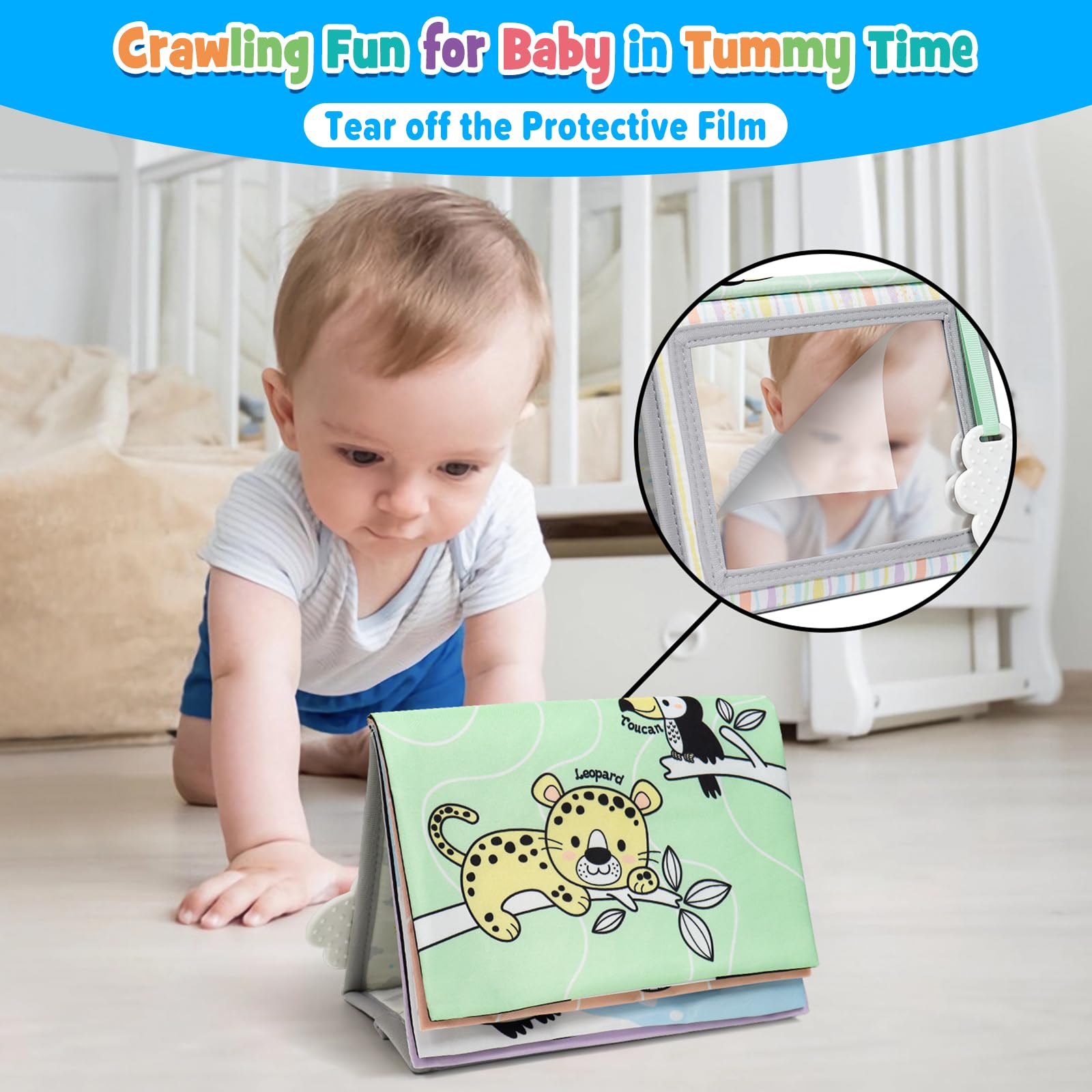 Baby-safe mirror in Dr.Rapeti book encourages self-discovery during tummy time