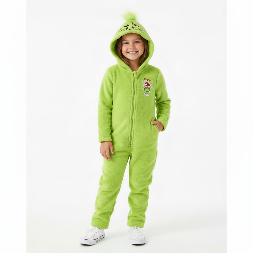 Dr. Seuss Grinch hooded coverall back view showcases durable warmth for chilly party days.