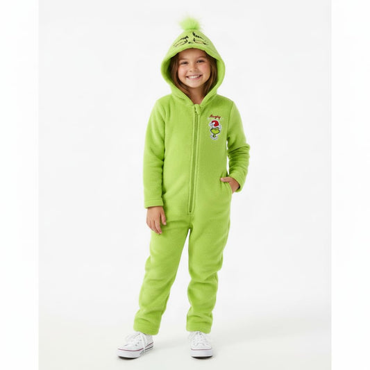 Dr. Seuss Grinch hooded coverall back view showcases durable warmth for chilly party days.