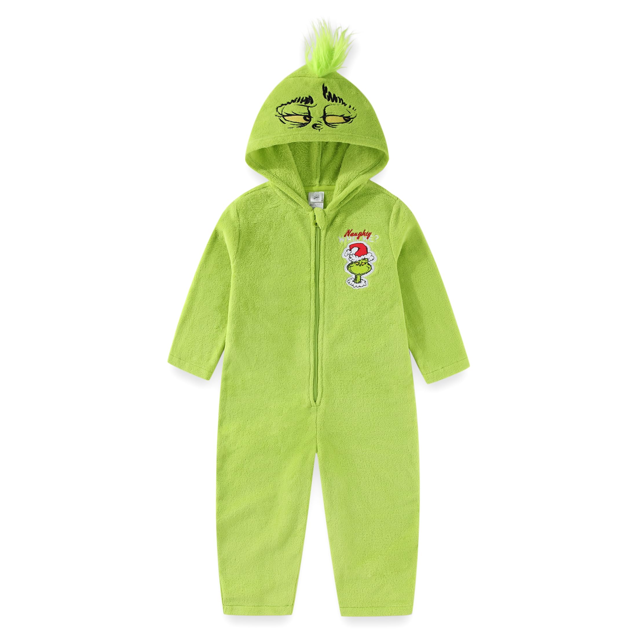 Dr. Seuss Grinch hooded coverall front view offers cozy, playful festive wear for kids.