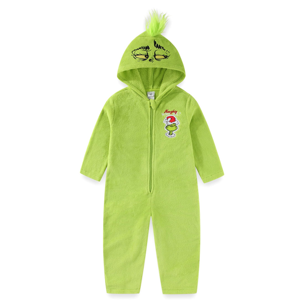 Dr. Seuss Grinch hooded coverall front view offers cozy, playful festive wear for kids.