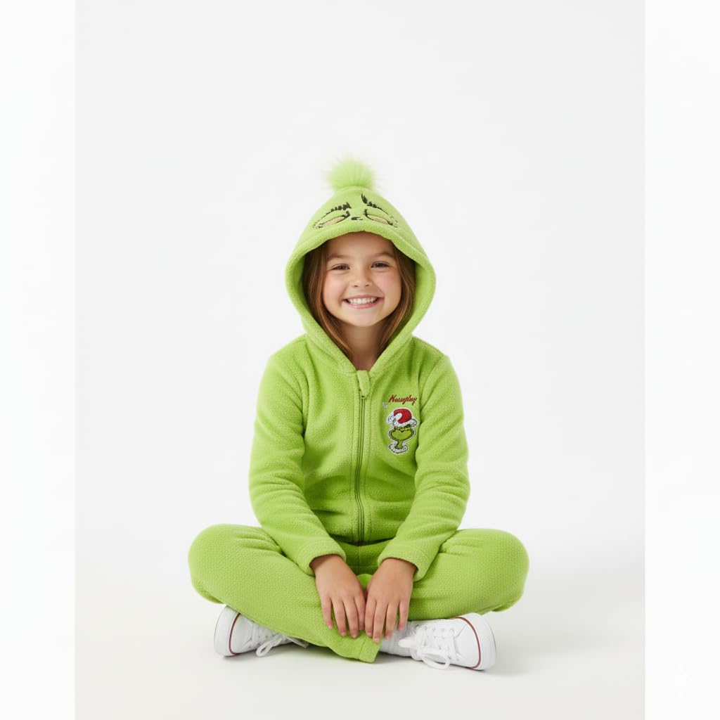 Dr. Seuss Grinch sleeve allover print emphasizes festive design.