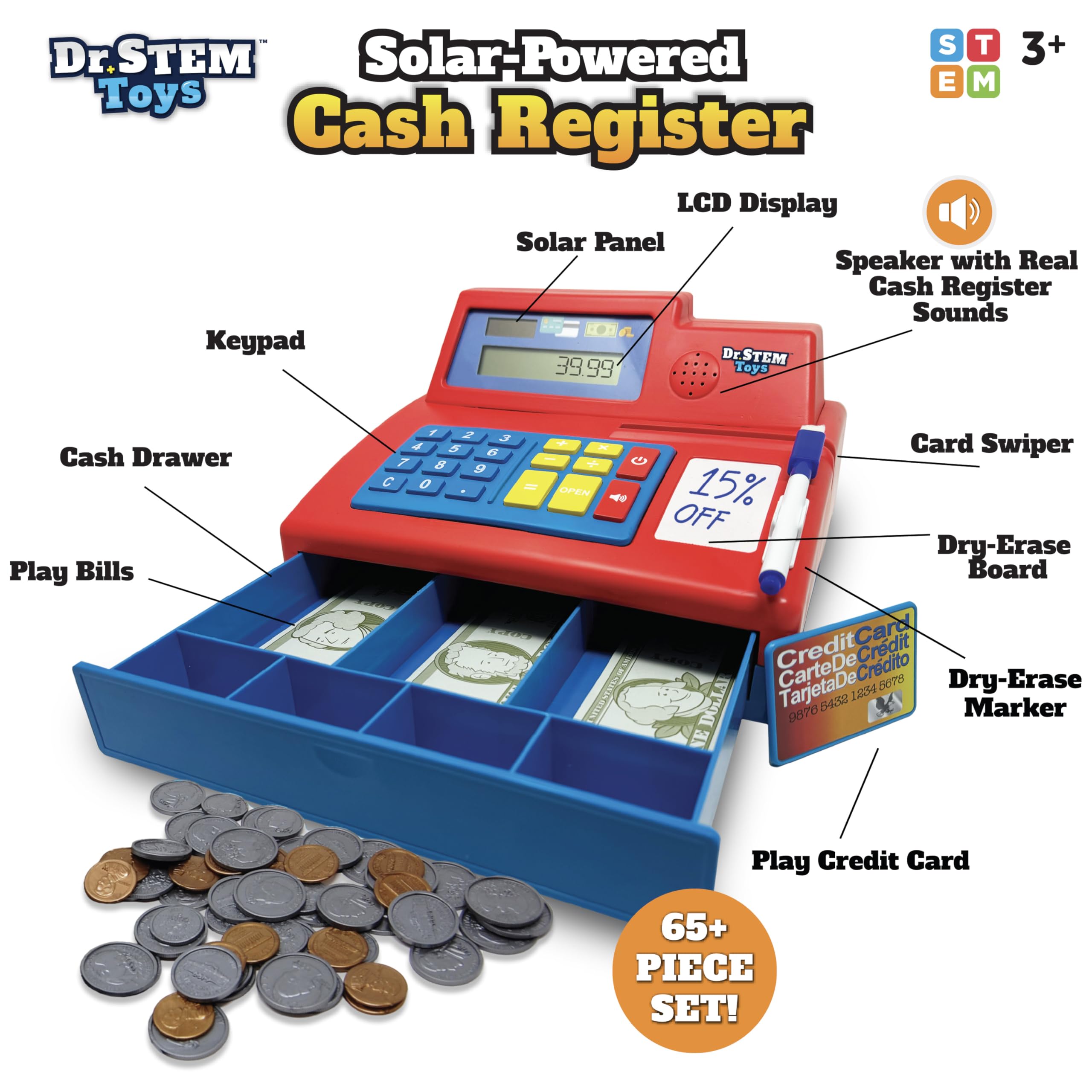 Life-size play money with bills and coins for realistic transactions.