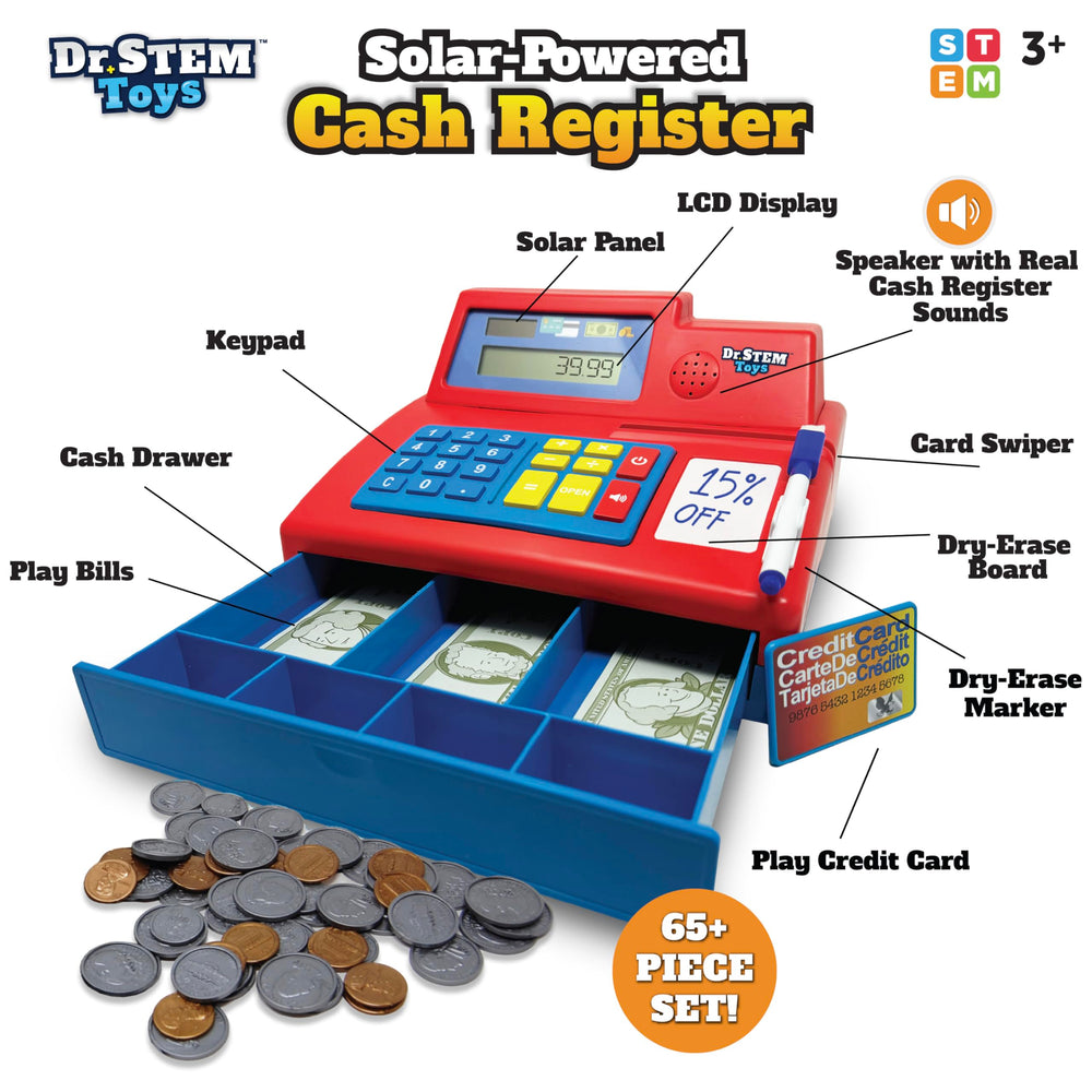 Life-size play money with bills and coins for realistic transactions.