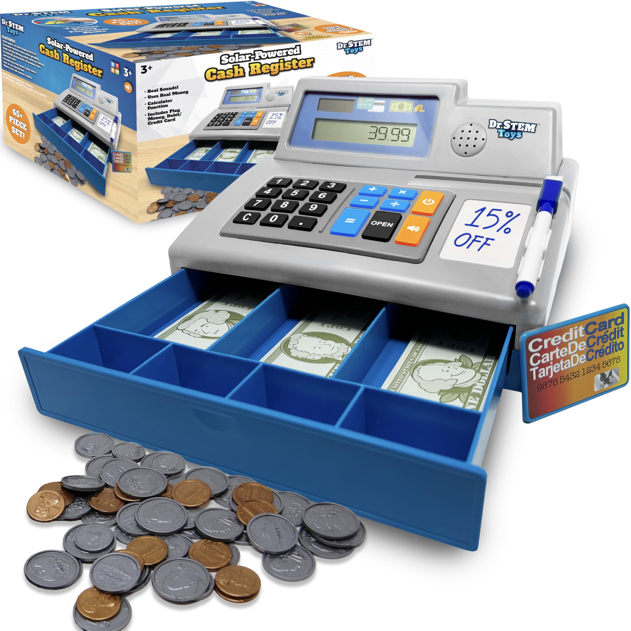 Dr. STEM Toys solar-powered calculator on the pretend cash register for math practice