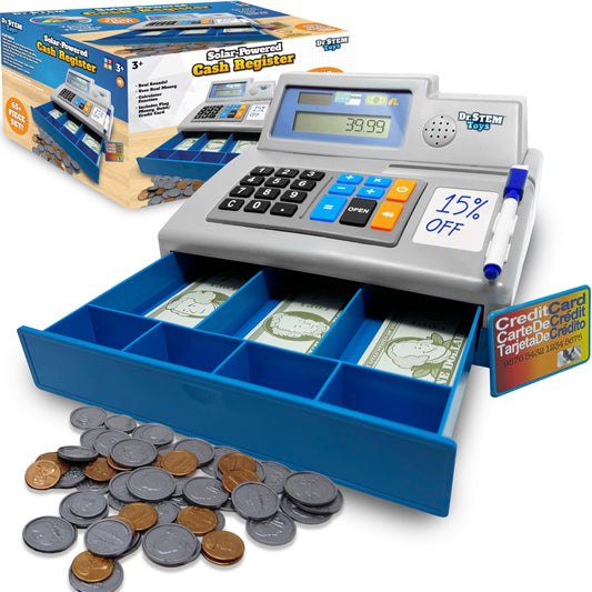 Dr. STEM Toys solar-powered calculator on the pretend cash register for math practice