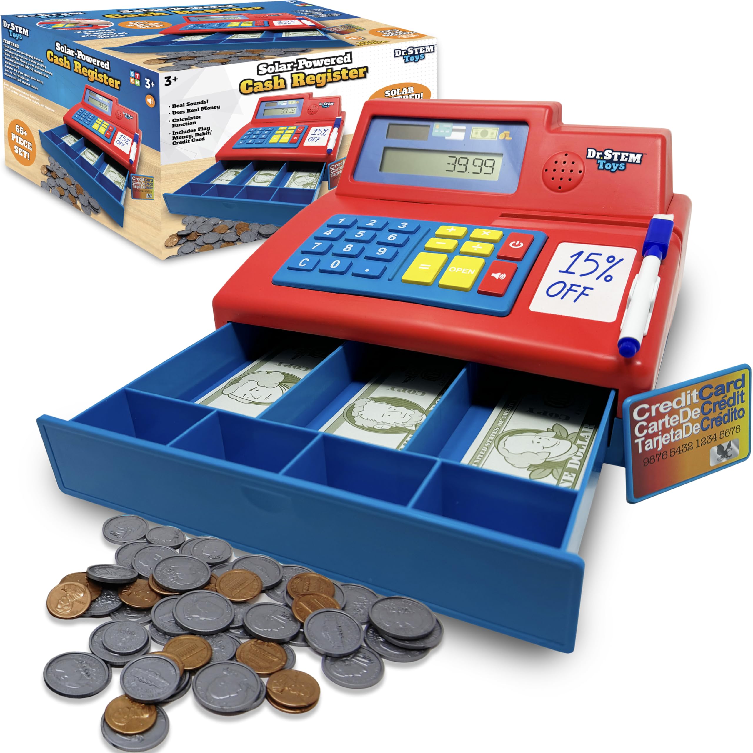 Dr. STEM Toys solar-powered cash register front view for pretend math play.