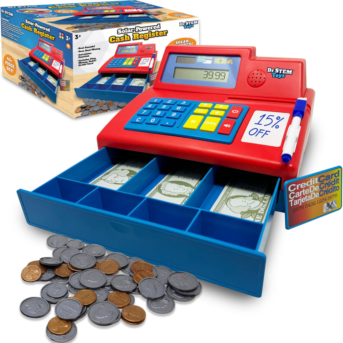 Dr. STEM Toys solar-powered cash register front view for pretend math play.