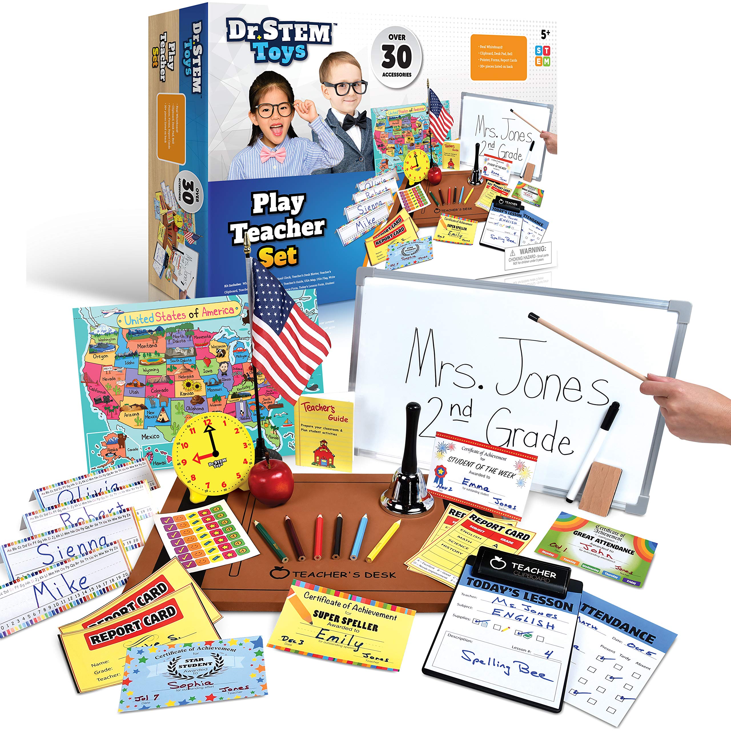 Dr. STEM Toys teacher set whiteboard for reusable pretend lessons and writing practice.
