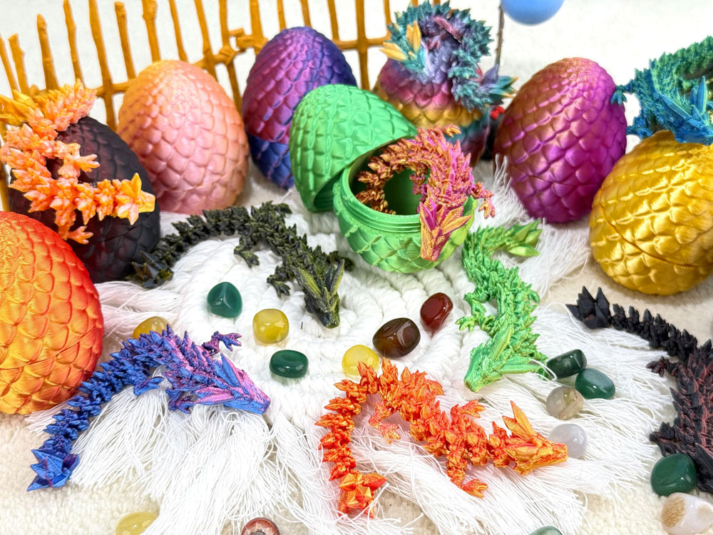Dragon Eggs Mystery Pack featuring 3D printed dragons for movable posing and display.