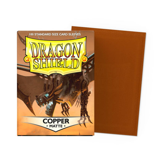 Dragon Shield Copper matte sleeves back view highlighting copper back and card visibility.