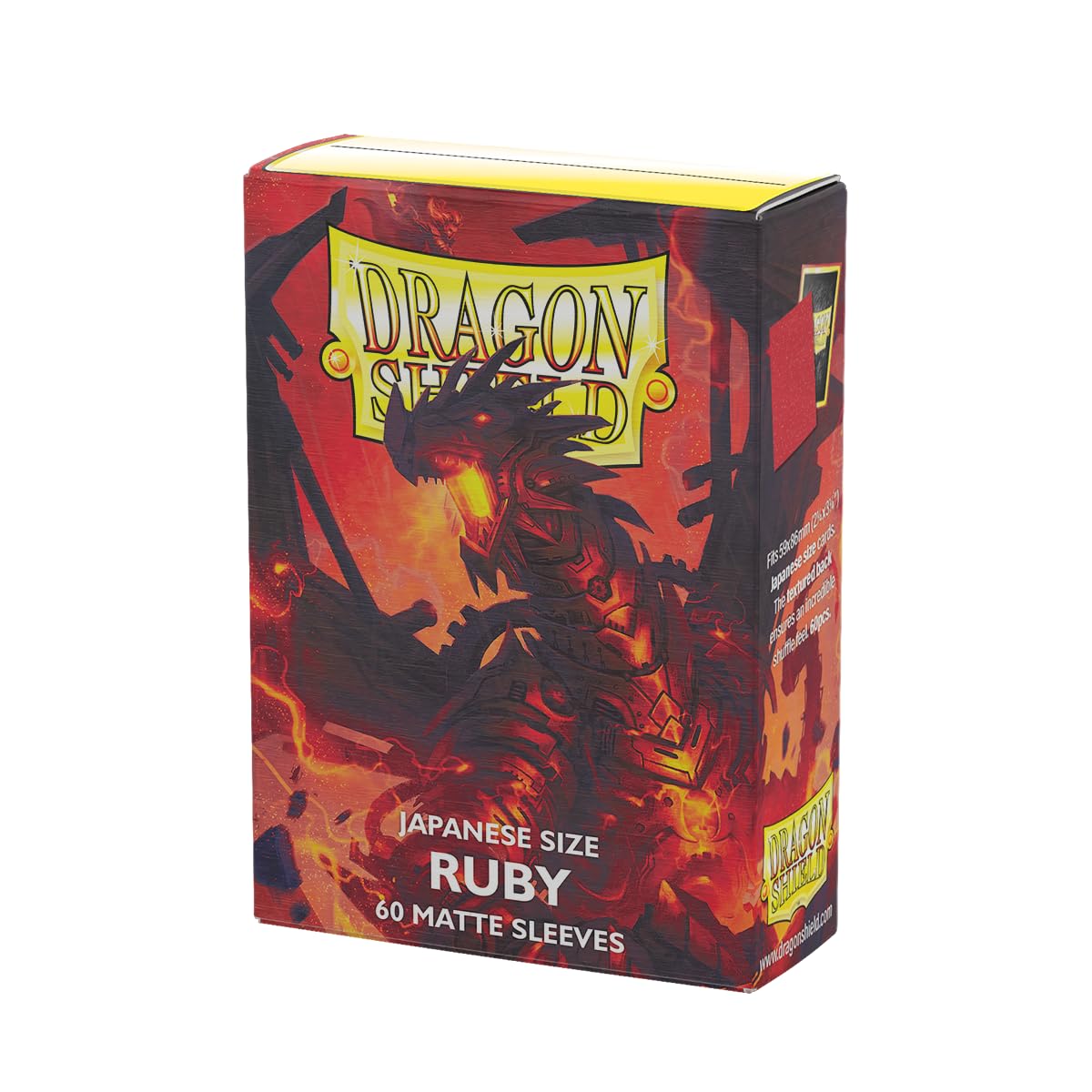 Dragon Shield Japanese Size matte sleeve in ruby protects Yu-Gi-Oh cards during storage.