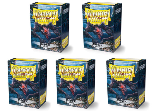 Dragon Shield matte black sleeves pack back, labeled for organization.