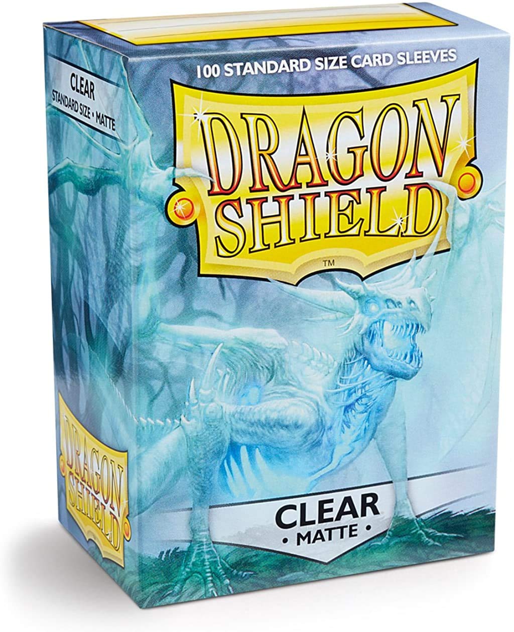 Dragon Shield Matte Clear sleeves in a box protect MTG cards with a smooth shuffle and edge protection.
