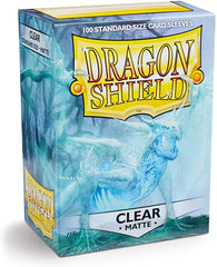 Dragon Shield Matte Clear sleeves in a box protect MTG cards with a smooth shuffle and edge protection.