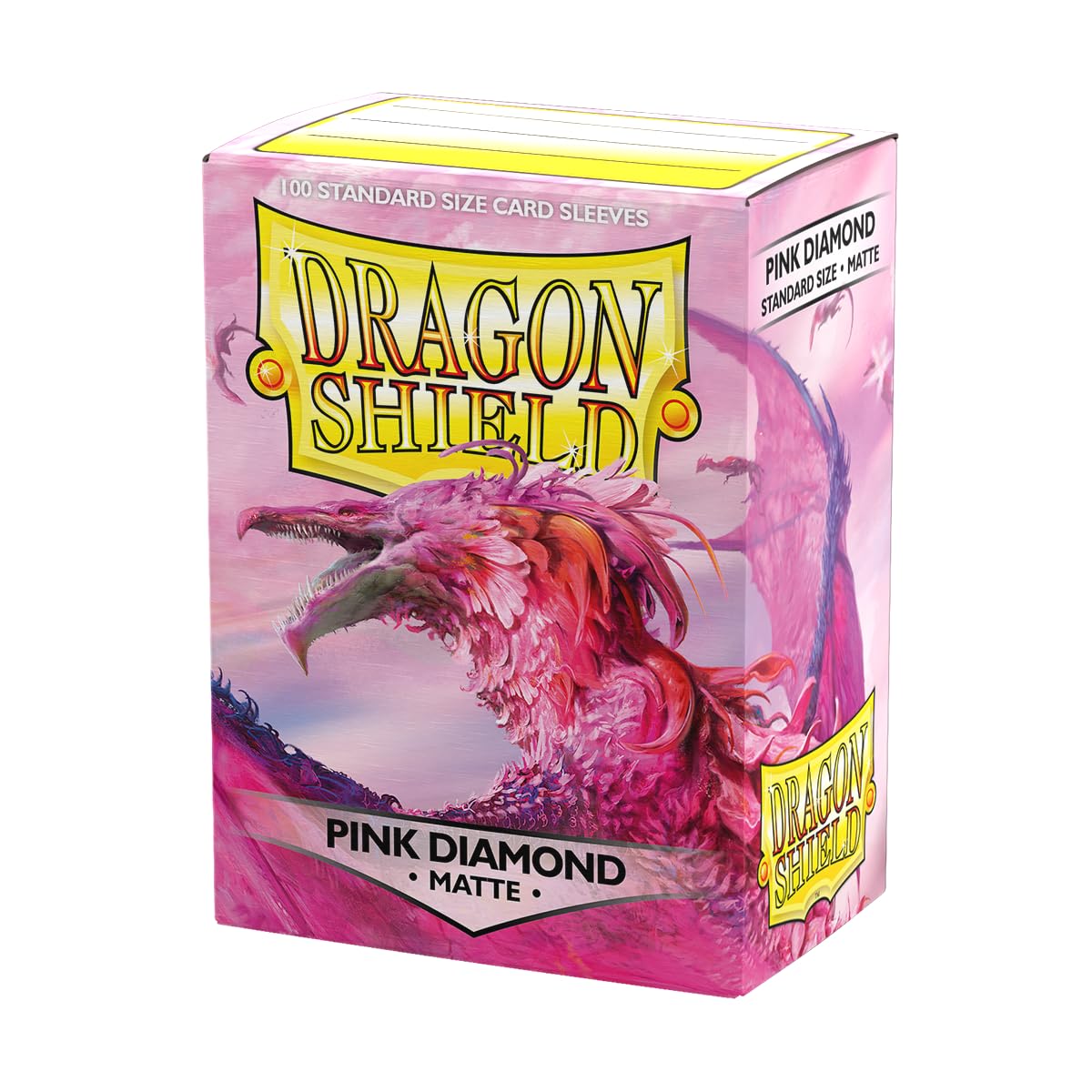 Dragon Shield matte sleeves standard front with Pink Diamond back, offering clear visibility and protection.
