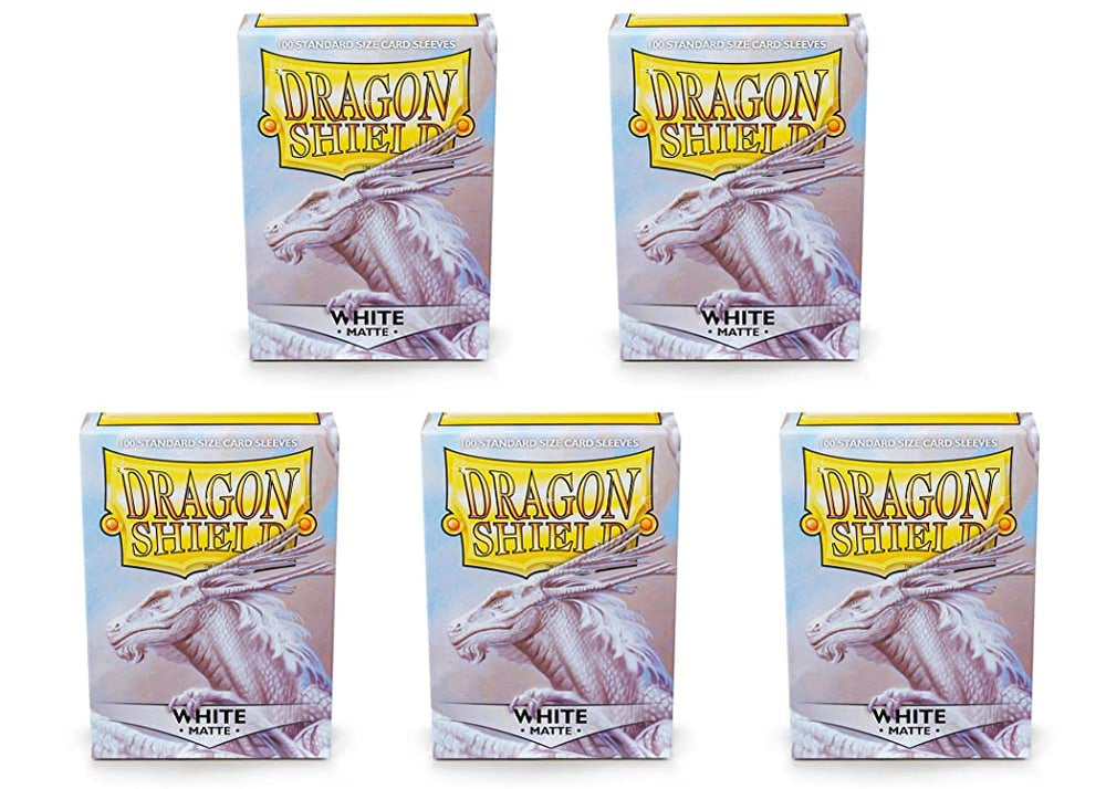 Dragon Shield Matte White sleeves in a front box view, durable protection for MTG cards